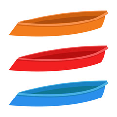 Wooden boats. Icon boats. Orange, red and blue boat. White background. Vector illustration. EPS 10.