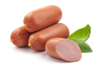Fresh pork Boiled sausages with basil, close-up, isolated on white background