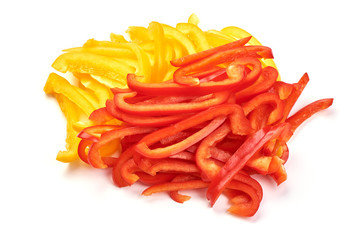 Sliced sweet red and yellow bell pepper, isolated on white background. Top view