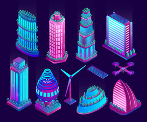 Illuminated neon skyscrapers and objects of futuristic city. Vector illustration.