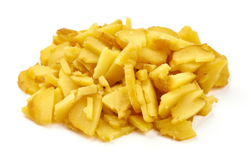 Boiled potatoes in plate, ingredients for salad, close-up, isolated on white background