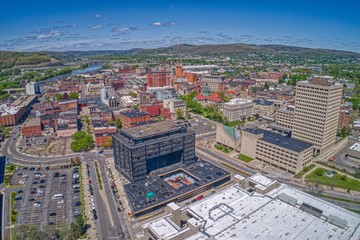 Aerial view of Binghamton, NY at the confluence of the Susquehanna and Chenango Rivers