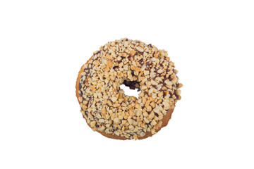 chocolate donut sprinkled with nuts isolated on white background
