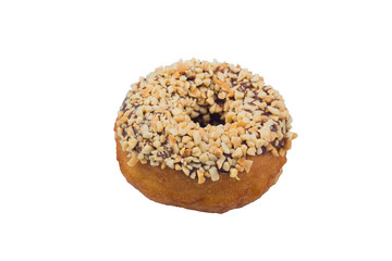 chocolate donut sprinkled with nuts isolated on white background