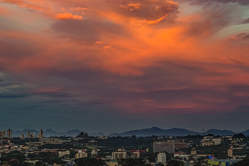 Red sunset over the town