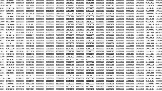 Animated cryptic bits and bytes in black color scrolling on a computer screen with white background.