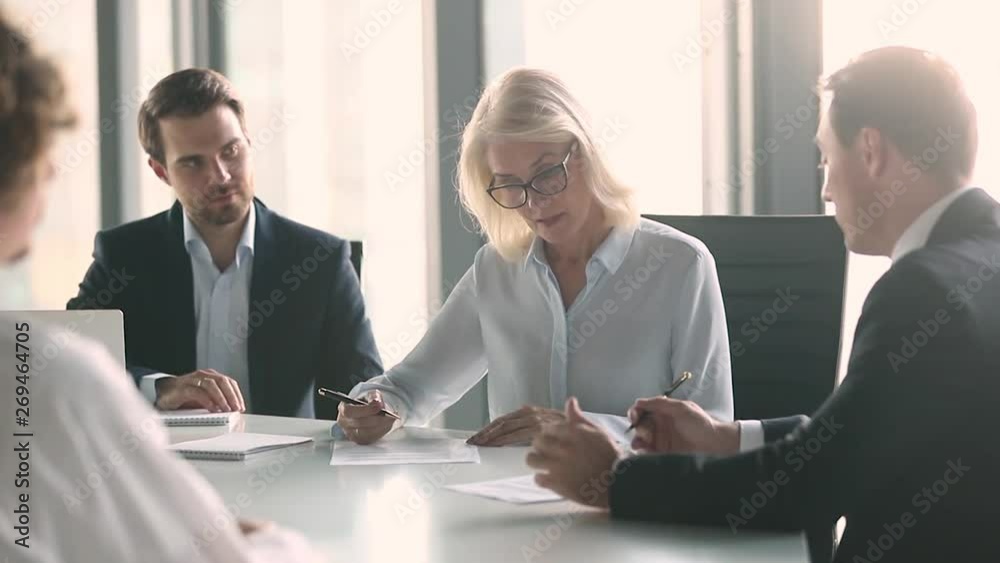 Canvas Prints Business partners negotiate sign contract handshake at group meeting