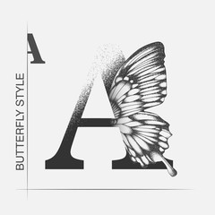 Letter A with butterfly silhouette. Monarch wing butterfly logo template isolated on white background. Calligraphic hand drawn lettering design. Alphabet concept. Monogram vector illustration
