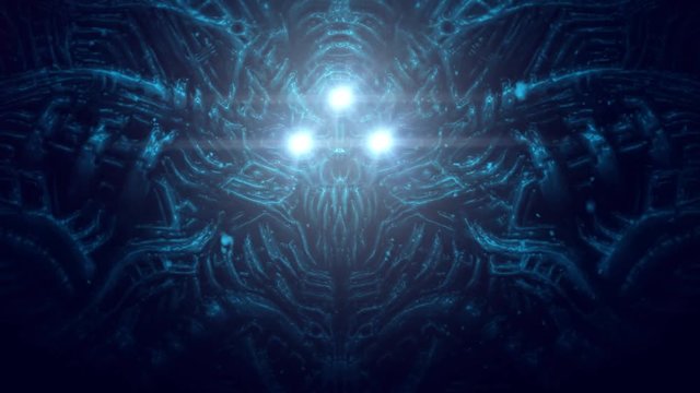 Terrible skull head of cybernetic organism with wires and mechanisms under water.  Opening doors inside premises. Alien astronaut animation in genre of horror fiction. Blue color background.