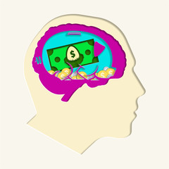 Head for Savings Cartoon Paper Cut Out Vector Graphic Illustration