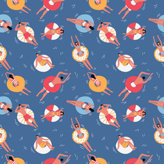 People in pool swimming with inflatable circles seamless pattern. Flat vector illustration