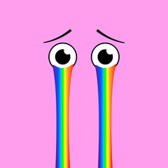 Cartoon sad crying eyes with rainbow tears flowing. Vector illustration.