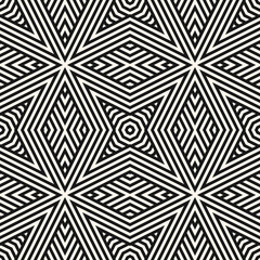 Geometric lines seamless pattern. Vector abstract black and white background. Modern graphic texture with rhombuses, star shapes, stripes. Creative geometry design for decor, wallpaper, fabric, print