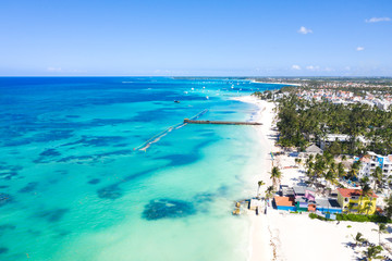 Aerial view from drone on caribbean beach of Atlantic ocean, travel destination - obrazy, fototapety, plakaty