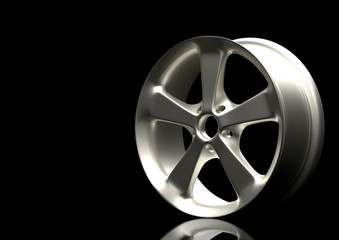 Naklejka premium Aluminium alloy car wheel. Silver alloy rim for car, tracks on black background. 3d rendering illustration
