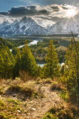 The Snake River Overlook looks over Schwabacher's Landing and Snake River, the Grand Teton moutain range in the distance. Taken sunset in mid-May in Grand Teton National Park.