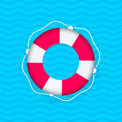 Floating lifebuoy. Red and white swimming rubber ring on blue wavy background. Striped red and white lifebuoy with rope around. SOS emergency. Equipment for safety in water