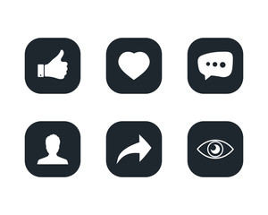 Set Of Simple Social media notification icon set. Flat icons notification, like, share, follow, view and chat symbol