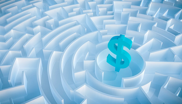 Circular maze or labyrinth with dollar symbol or sign in its center. 3d render illustration. Business and finance concepts. How to earn money or way to get rich concept.