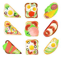 Set of different type of sandwich for lunch box from vegetables or fish