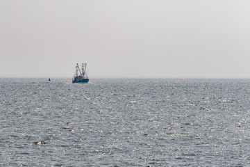 Single fishing boat driving over the north sea with a lots of waves in germany