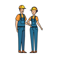 couple builders workers with helmets