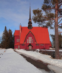 Outside view of Norsjo Church in Lapland in winter 