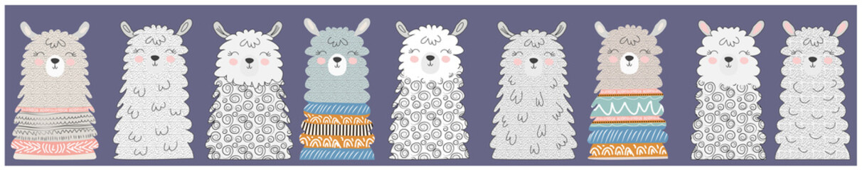 Big set of cute funny different llamasHand drawn vector illustration. Scandinavian style flat design.
