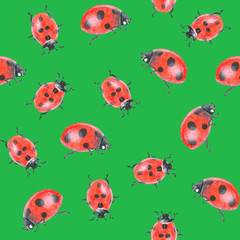 Acrylic drawn ladybugs on green background, seamless pattern
