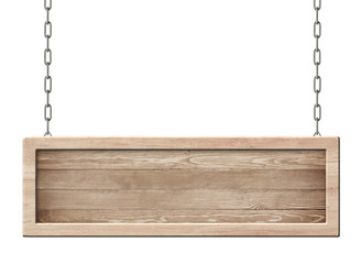 Oblong board with wooden frame and made of bright natural wood hanging on chains