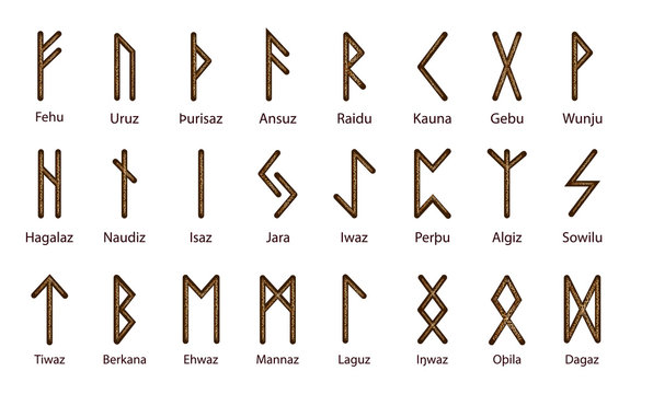 Large set of Scandinavian runes, elegant gold stamping on the surface, pattern