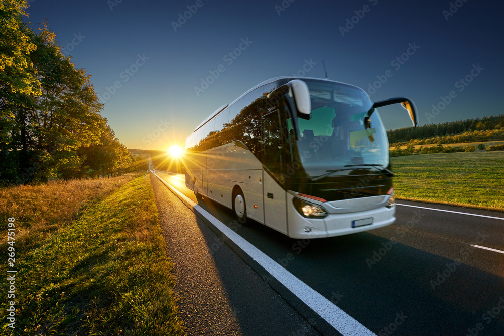 Wall mural white bus traveling on the asphalt road around line of trees in rural landscape at sunset