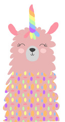 Cute lama with a unicorn horn in the color of the rainbow. Lamacorn. in the Scandinavian style.