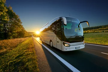 Fotobehang White bus traveling on the asphalt road around line of trees in rural landscape at sunset © am
