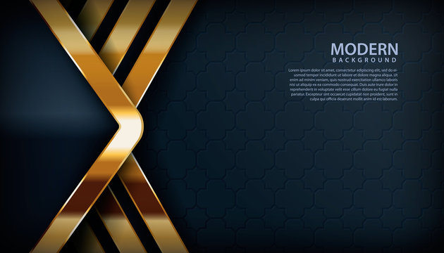 Dark abstract background with black overlap layers. Texture with golden effect element decoration. Luxury design concept.