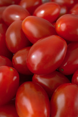 Shiny fresh red plum cherry tomatoes on the market. Close up. Macro.