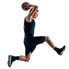 one caucasian basketball player man isolated in silhouette shadow on white background