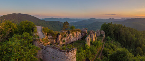 Panoramic view on the Palatinate Forest and the Neuscharfeneck ruin near Ramberg and Dernbach in...