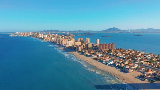 Aerial view. Panoramic view La Manga del Mar Menor, Cartagena, Murcia, Spain.