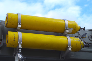 air tanks oxygen compressed gas bottles fire fighter equipment on truck