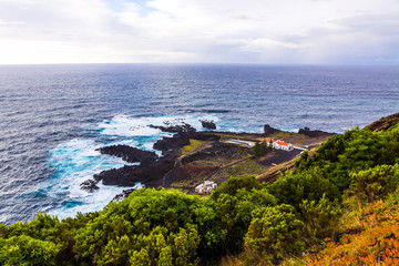 Plakat Aerial view of Ponta da Ferraria hot springs and Atlantic ocean coast on Sao Miguel island, Azores, Portugal