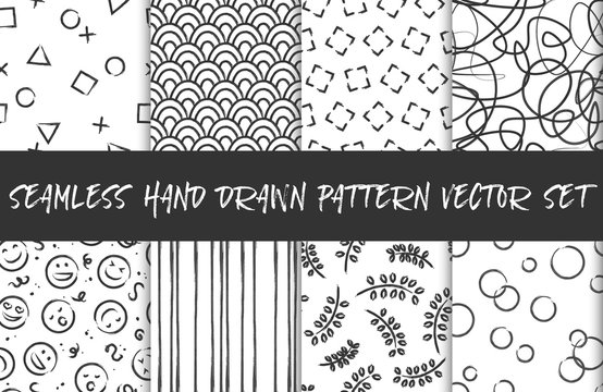 Seamless hand drawn pattern background vector set black white