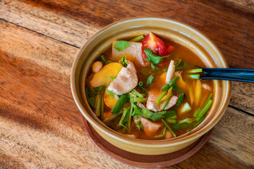 Thai tom Kha Gai, Thai soup with chicken and vegetables.