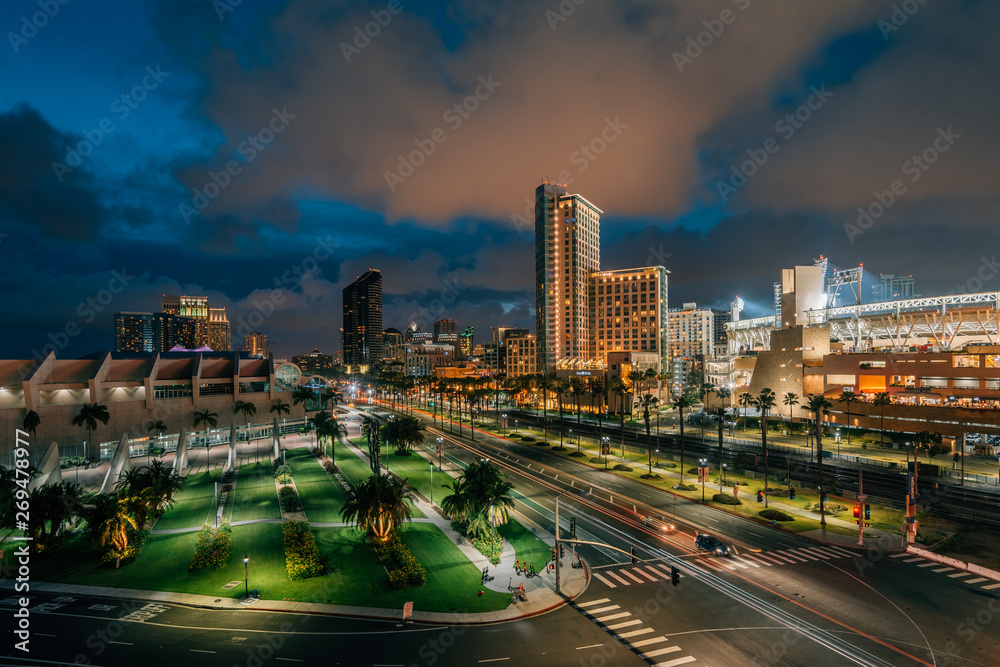 Canvas Prints cityscape view of the downtown san diego skyline and harbor drive at night, in san diego, california