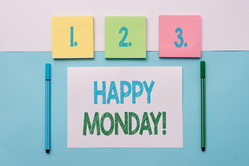 Text sign showing Happy Monday. Business photo text telling that demonstrating order to wish him great new week Note papers and stationary placed sideways on top of softhued backdrop