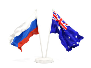 Two waving flags of Russia and australia isolated on white