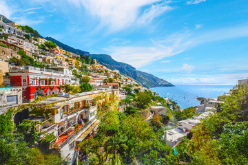 The colorful and vibrant coastline near the city of Positano on the Amalfi Coast in the Campania...