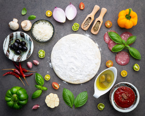 The ingredients for homemade pizza on dark stone background.