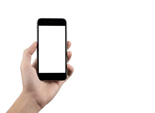 Cropped Hand Holding Mobile Phone, Close-up a hand holding the black smartphone with blank screen for your text or content, isolated image on white background,
