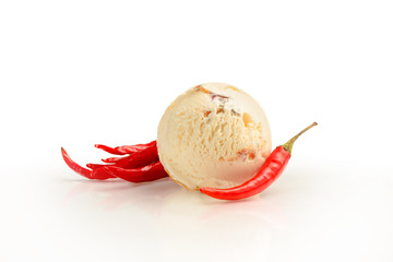 Ice cream ball, hot chili pepper and bacon and pine nuts flavor with ingredients, isolated on a white background.